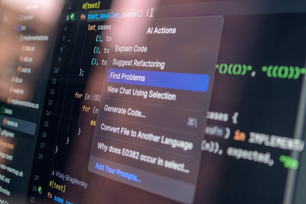 services-01 Close-up of AI-assisted coding with menu options for debugging and problem-solving.